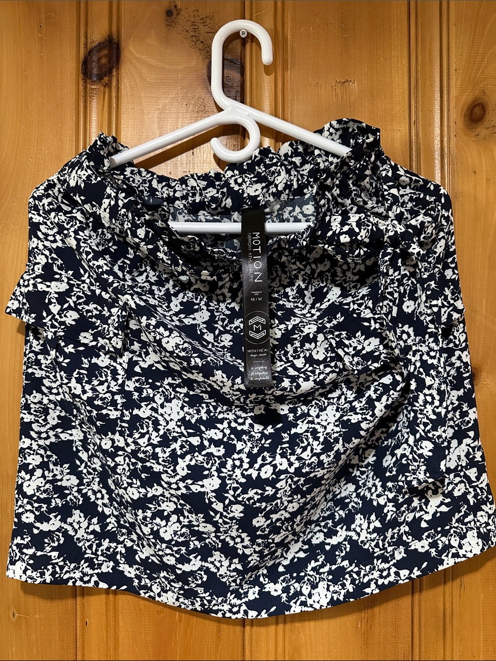 Motion navy and white floral off-shoulder tunic